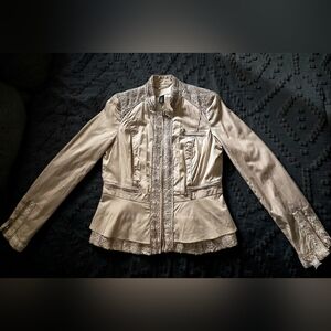 White House Black Market Beige Peplum Jacket with Tweed Trim, Sz 6